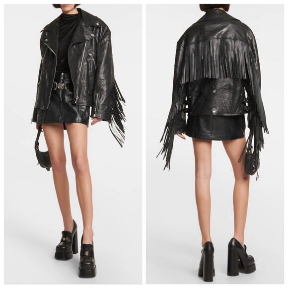 NWT Versace Runway SS23 #9 Oversize Black Leather Fringe Jacket IT 44 US 8 $8225 - Picture 1 of 14